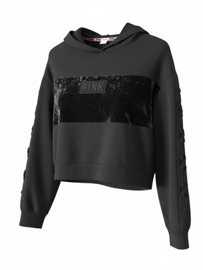 PINK Victoria's Secret Black Cropped Velvet-Accent Hoodie Small